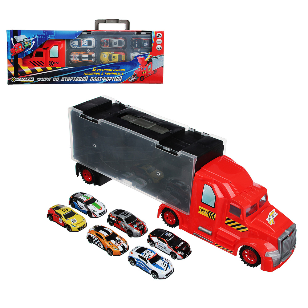 ИГРОЛЕНД Фура с машинками и стартовой платформой ,PP, металл, 39,3х13,5х8,5см, 2 дизайна, арт.№ 292-155
