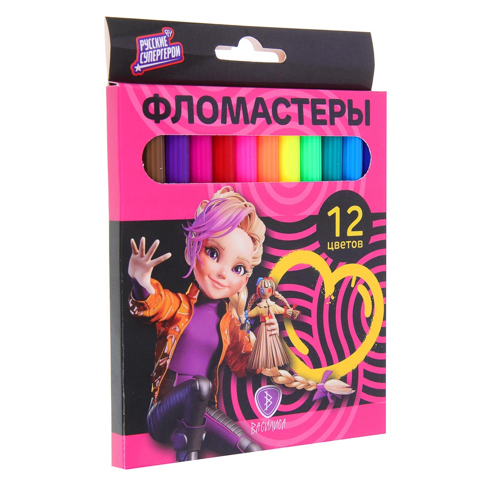 Фломастеры 12 цветов BY Русские Супергерои, смываемые, цветной вентил. колпачок, цветная коробка, арт.№ 801-077
