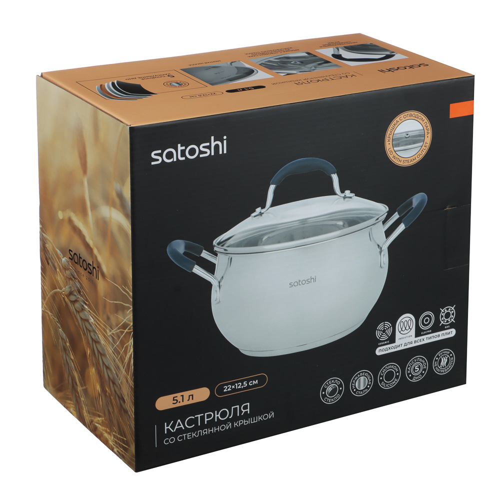 SATOSHI Альба Кастрюля 22х12,5 см, объем 5,1 л, со стеклянной крышкой, индукция, арт.№ 822-272