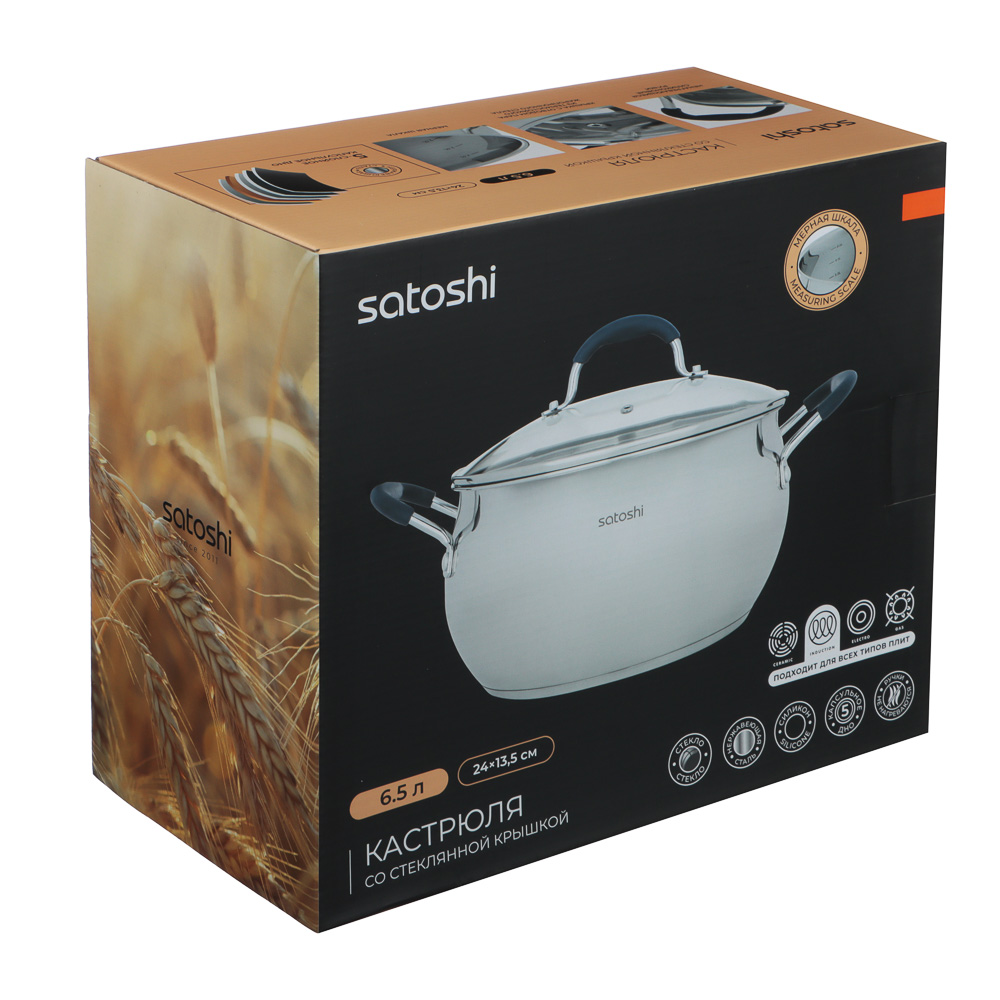 SATOSHI Альба Кастрюля 24х13,5 см, объем 6,5 л, со стеклянной крышкой, индукция, арт.№ 822-273
