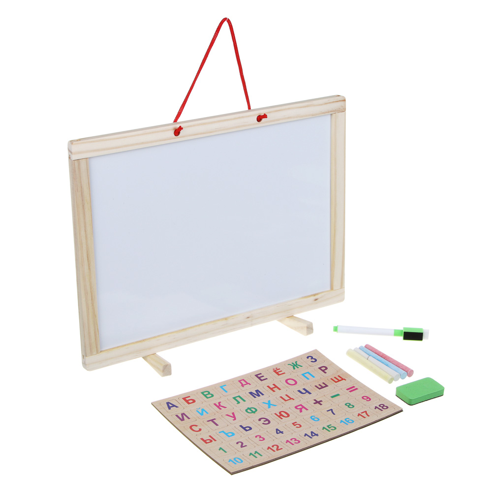ИГРОЛЕНД Доска магнитно-маркерная + алфавит, цифры, маркер, мелки 4шт, губка, 37х28см, дер, пластик, арт.№ 284-145