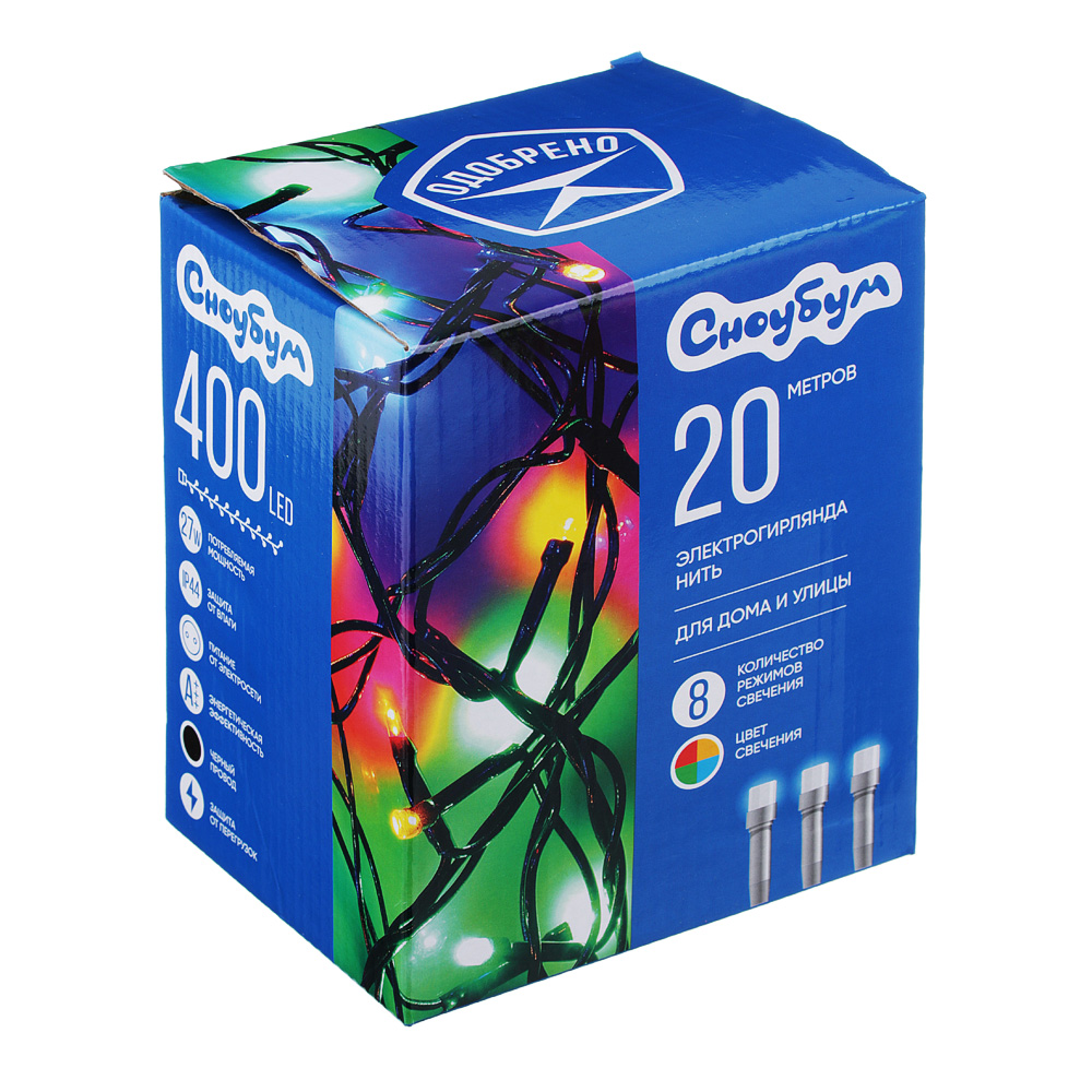 Гирлянда уличная вьюн 20 м СНОУ БУМ, 400 LED ламп, свечение мультицвет, ПВХ черный, 8 режимов, коннектор, 220В, арт.№ 351-482