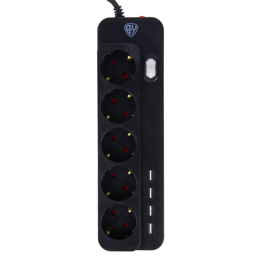 Удлинитель, сетевой фильтр 5 гнезд BY 2м, 4xUSB (3А), 0,75кв.мм,10А,2500Вт, чёрный, арт.№ 907-299