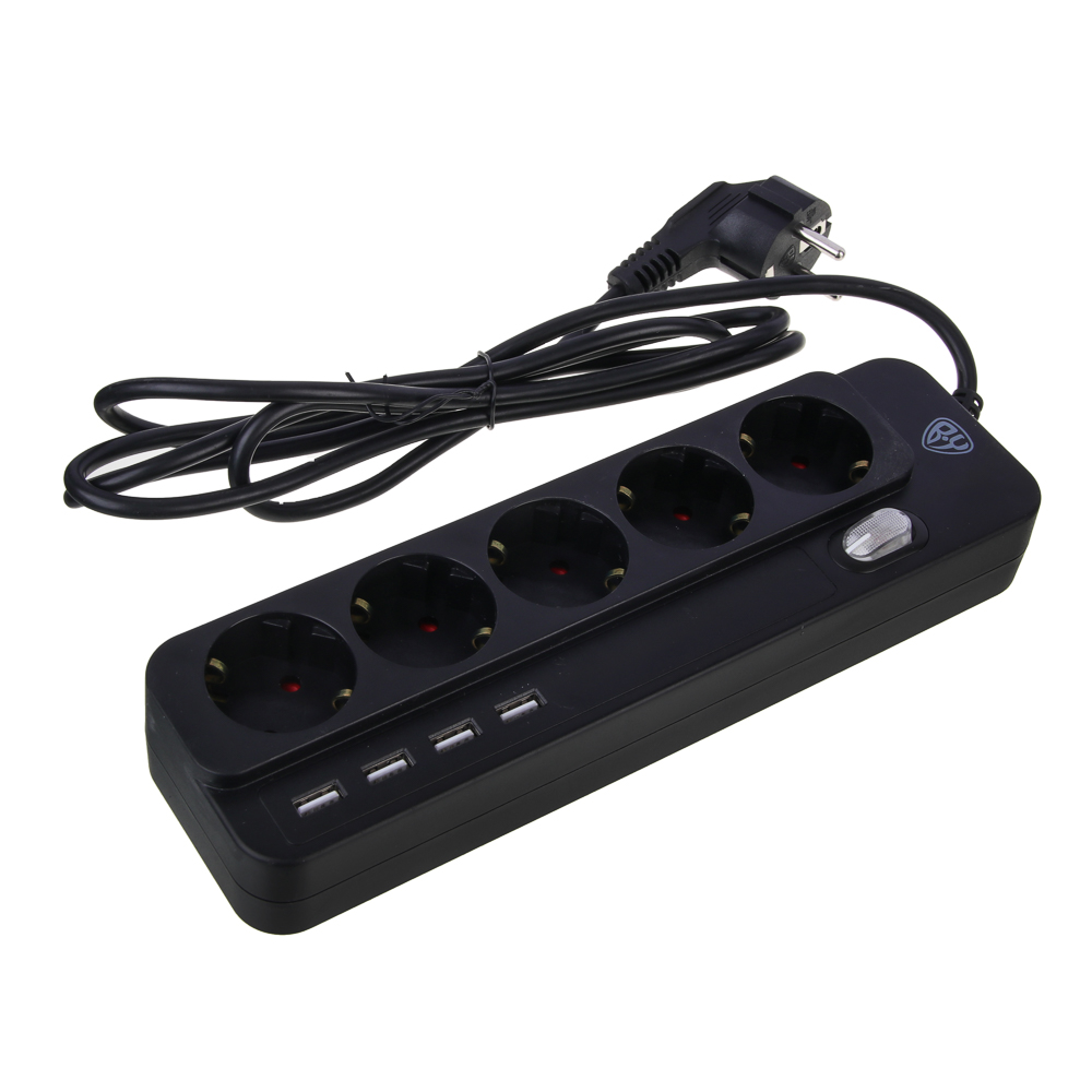 Удлинитель, сетевой фильтр 5 гнезд BY 2м, 4xUSB (3А), 0,75кв.мм,10А,2500Вт, чёрный, арт.№ 907-299