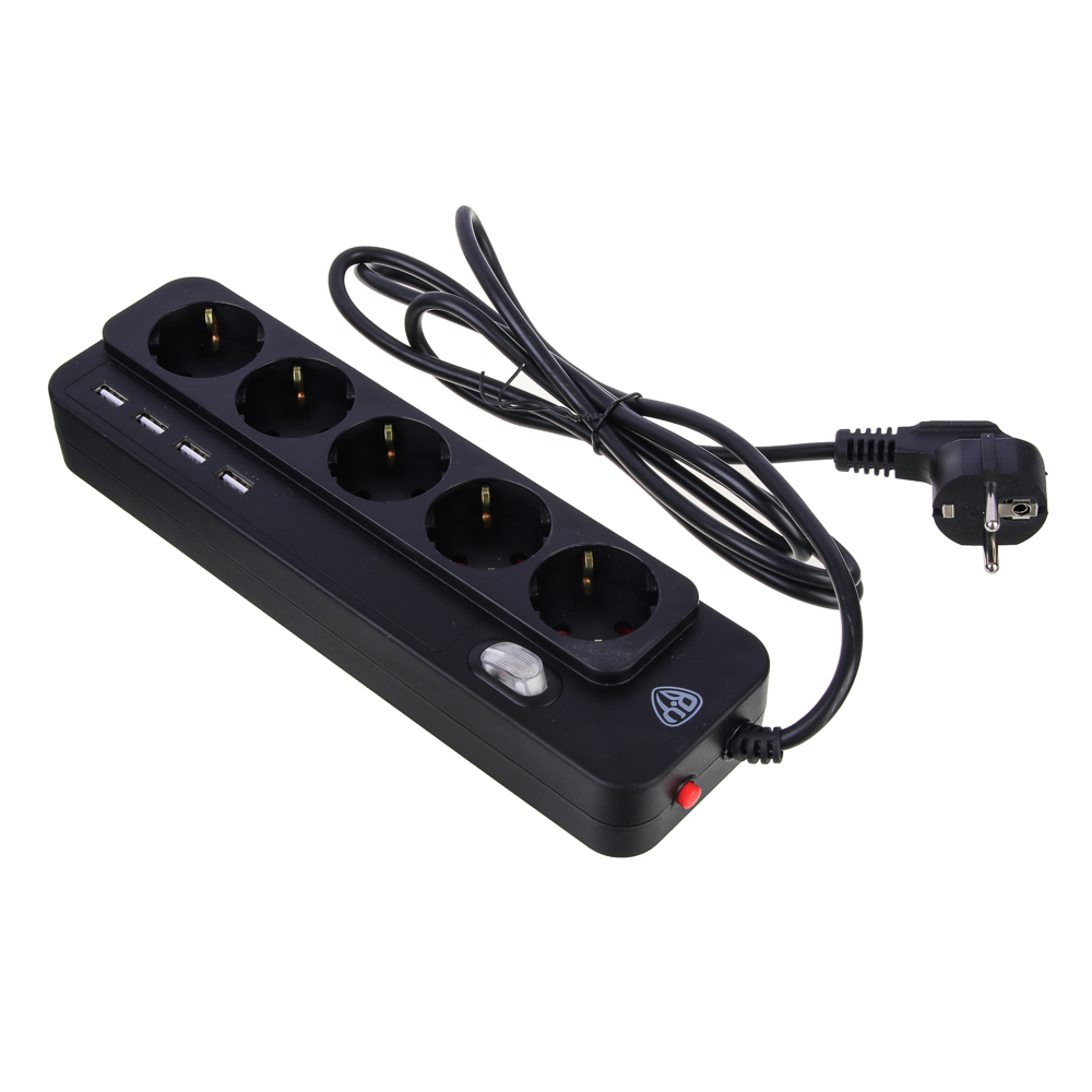 Удлинитель, сетевой фильтр 5 гнезд BY 2м, 4xUSB (3А), 0,75кв.мм,10А,2500Вт, чёрный, арт.№ 907-299