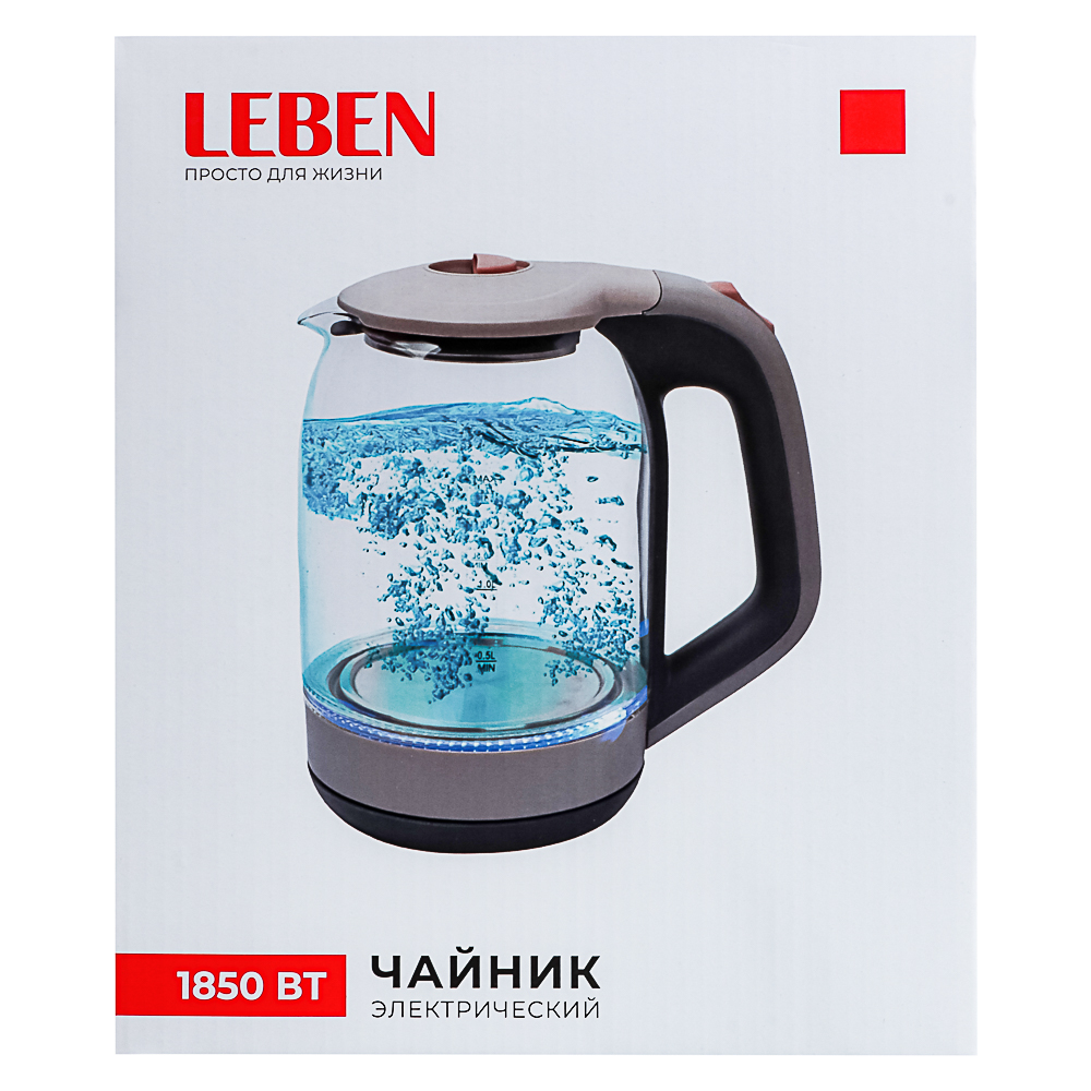 LEBEN Чайник электрический со стеклянной колбой, 1850 Вт, 1,7л, арт.№ 291-086