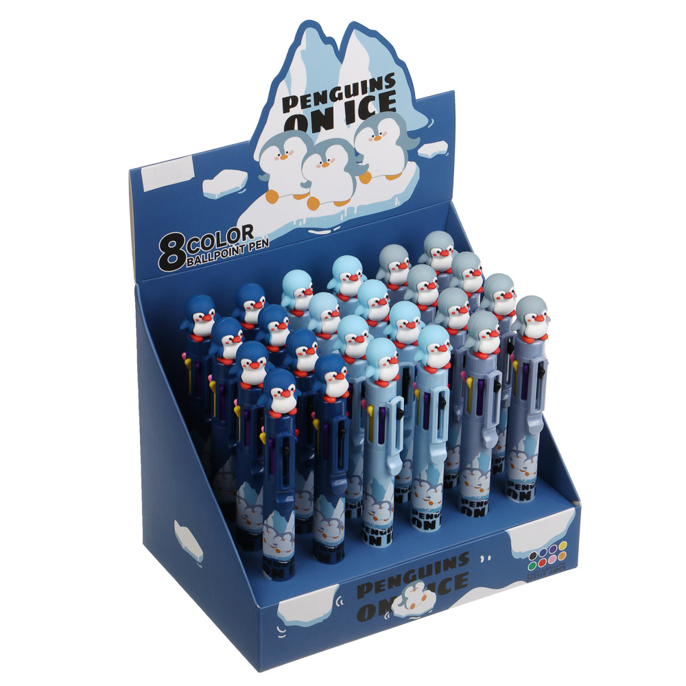 Ручка шариковая автоматическая 8-цветная 0,7мм, с фигуркой в форме пингвина, 3 вида, шоу-бокс, арт.№ 591-313