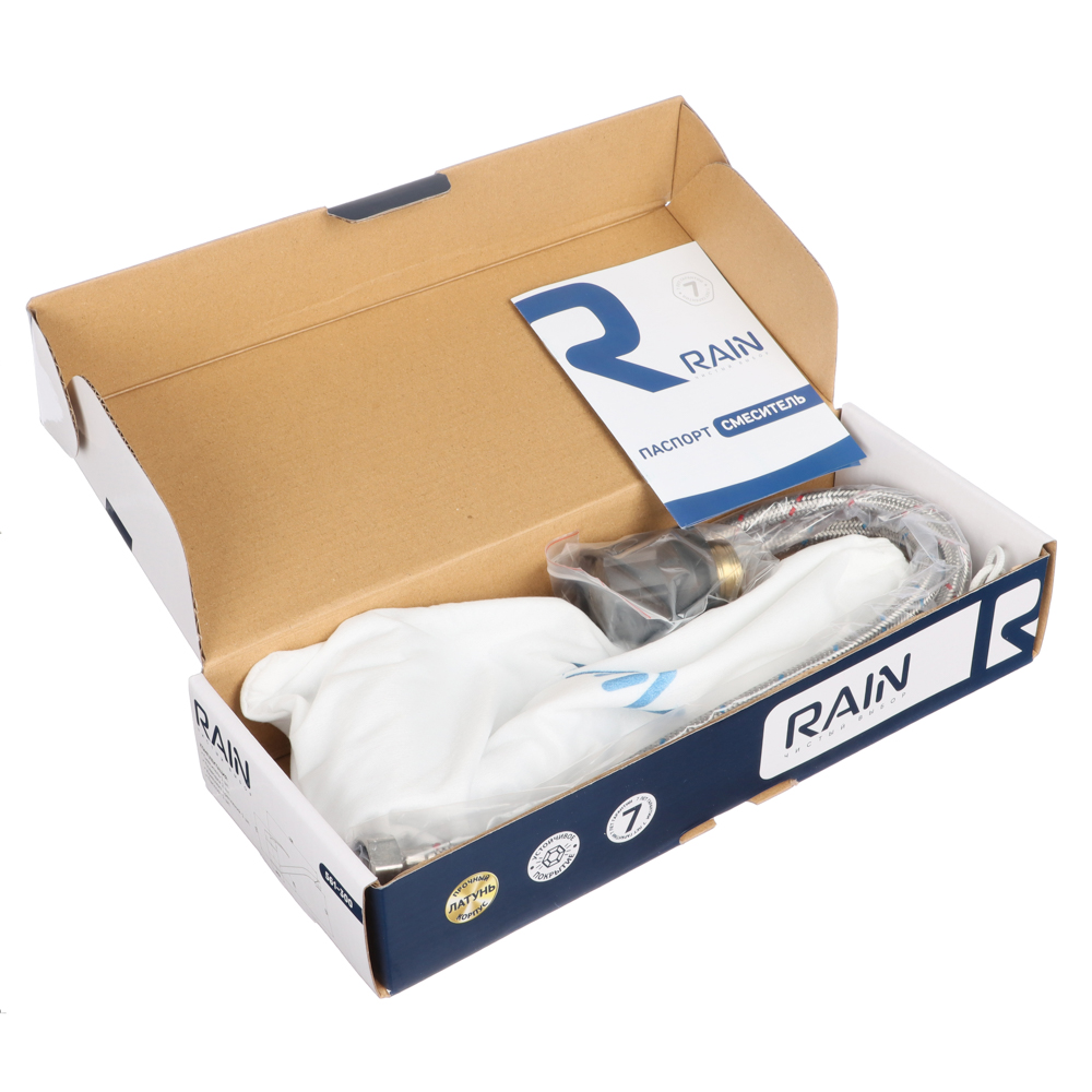 RAIN Смеситель для кухни Платина, длинный плоский излив, картриджд 40мм, гайка, латунь, хром, арт.№ 561-300