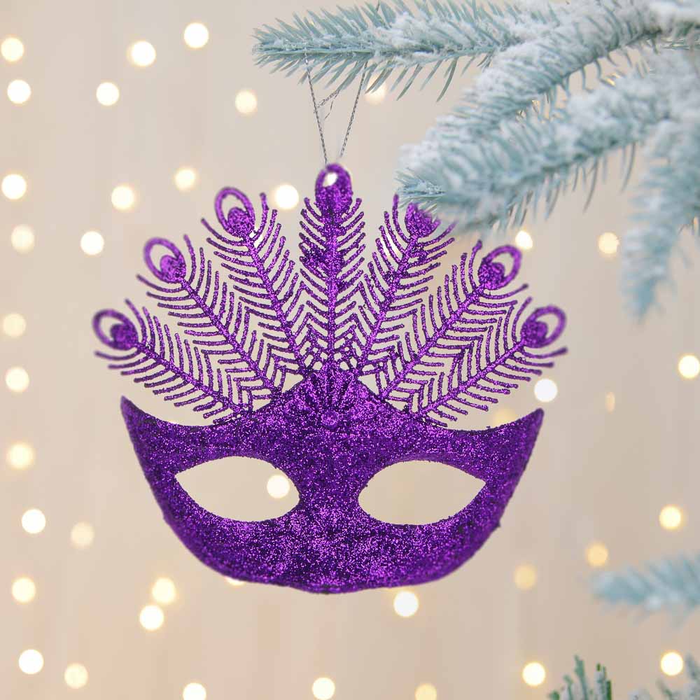 СНОУ БУМ Подвеска декоративная в виде маски, глиттер, фиолетовый, пластик, 13,5*13,5см, арт.№ 374-372