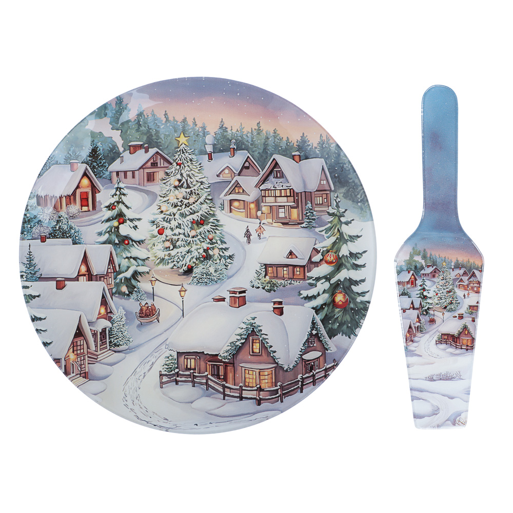 Зимний пейзаж Набор для торта 2 предмета, блюдо 30 см, лопатка 26х7 см, стекло, арт.№ 820-466