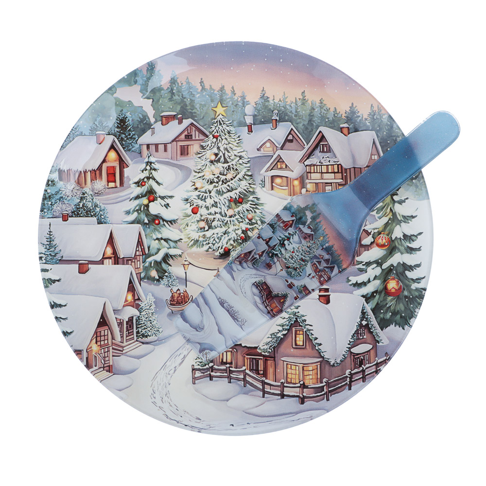 Зимний пейзаж Набор для торта 2 предмета, блюдо 30 см, лопатка 26х7 см, стекло, арт.№ 820-466