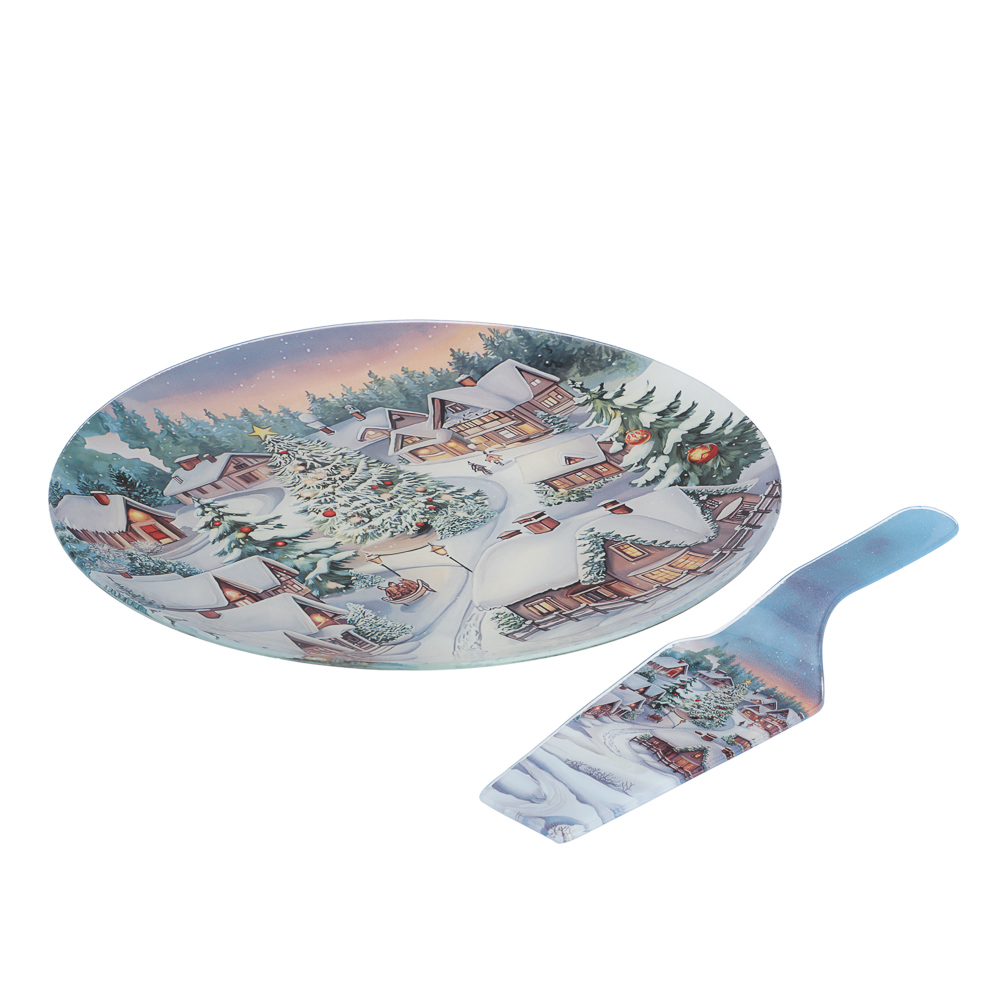 Зимний пейзаж Набор для торта 2 предмета, блюдо 30 см, лопатка 26х7 см, стекло, арт.№ 820-466