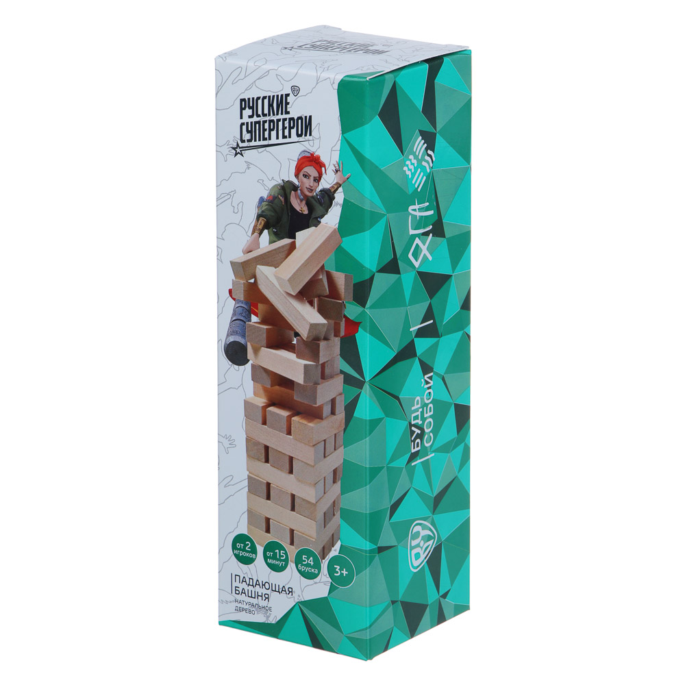 BY Настольная игра "Падающая башня", "Русские Супергерои", дерево, 5,5х5,5х18,5см, арт.№ 897-002