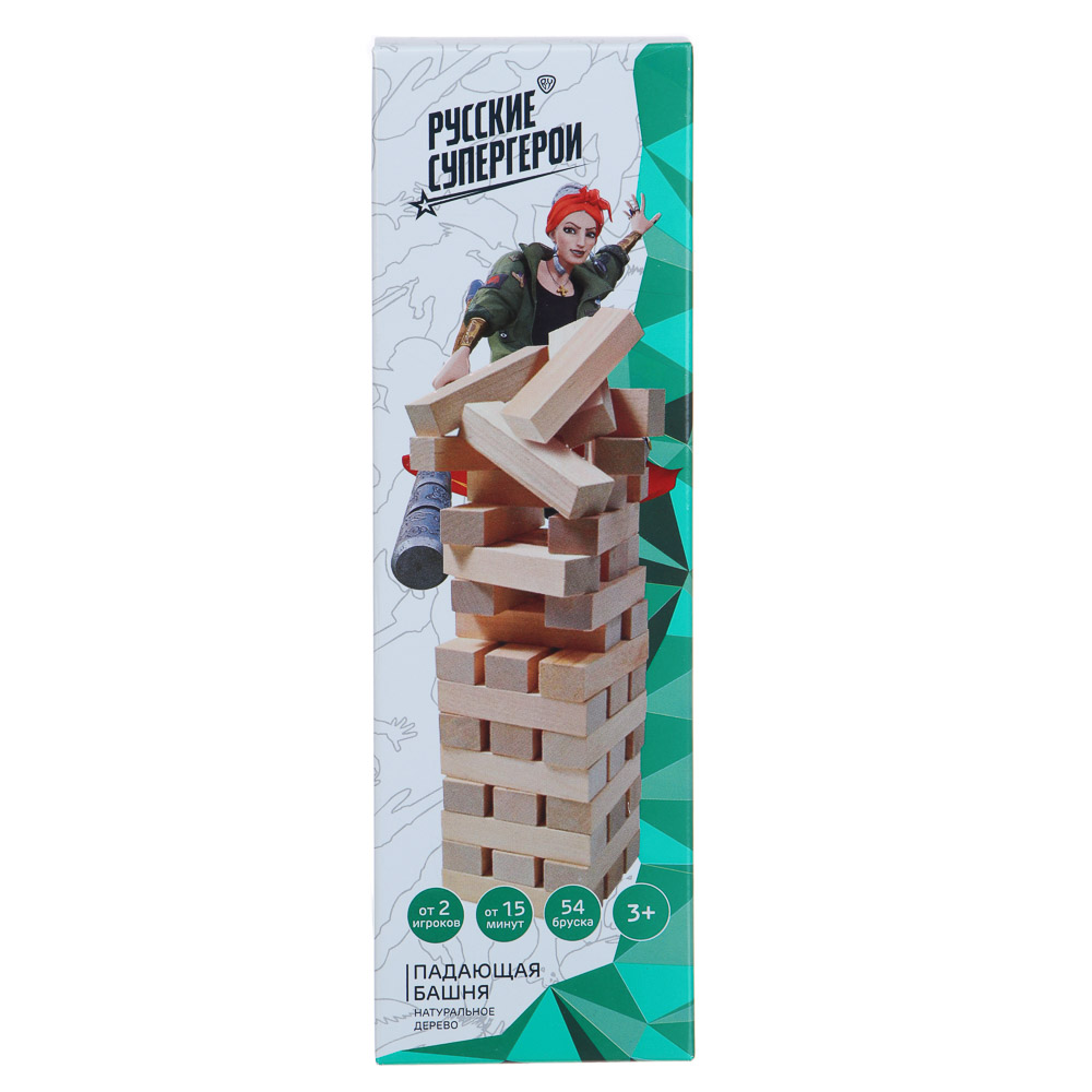 BY Настольная игра "Падающая башня", "Русские Супергерои", дерево, 5,5х5,5х18,5см, арт.№ 897-002