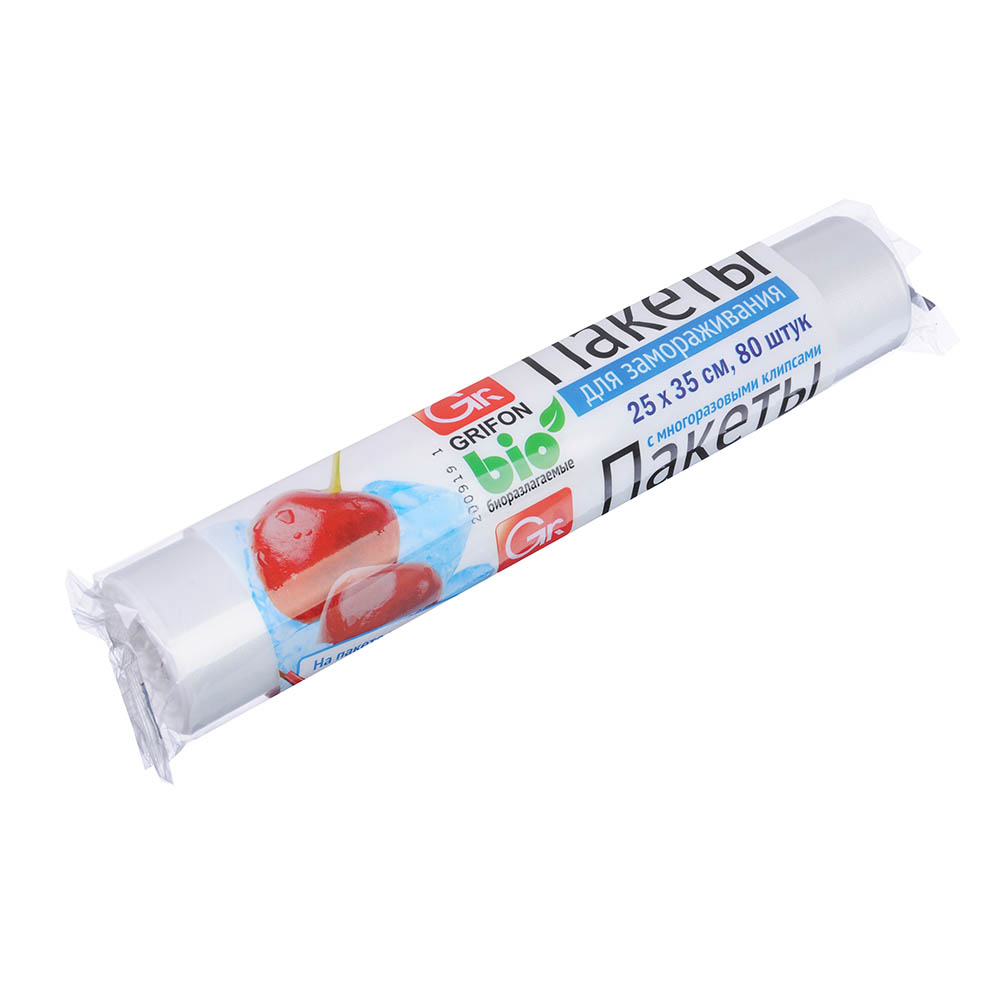 GRIFON Пакеты для замораживания Bio 80шт, 3л, 25x35см, перфорированные с клипсами, 100-003, арт.№ 438-055