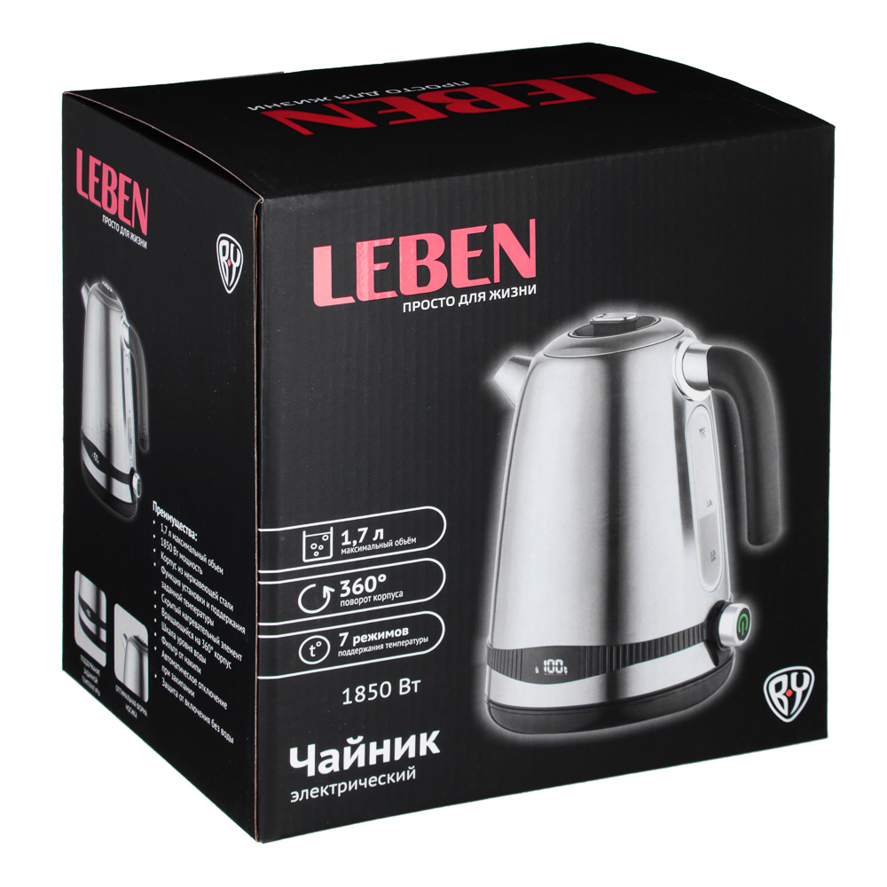 LEBEN Чайник электрический 1,7л, 1850Вт с функц. поддержания температуры, арт.№ 291-059