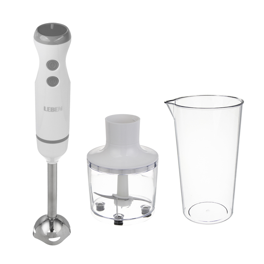 LEBEN Блендер погружной, 900 Вт, 2 скорости, металл.стержень, чоппер и стакан, белый, арт.№ 269-049