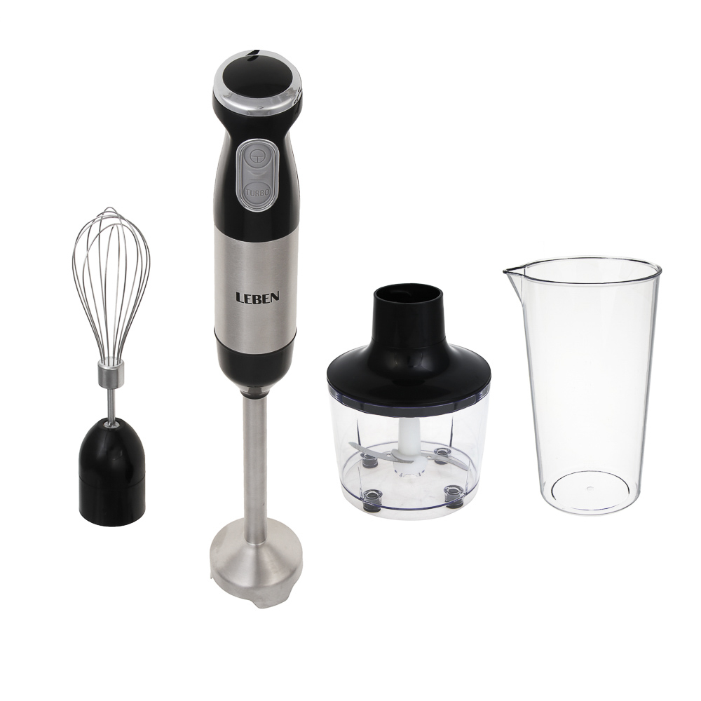 LEBEN Блендер погружной, 1500Вт, 2 скорости, чоппер, венчик и мерный стакан в компл., чёрный, арт.№ 269-050