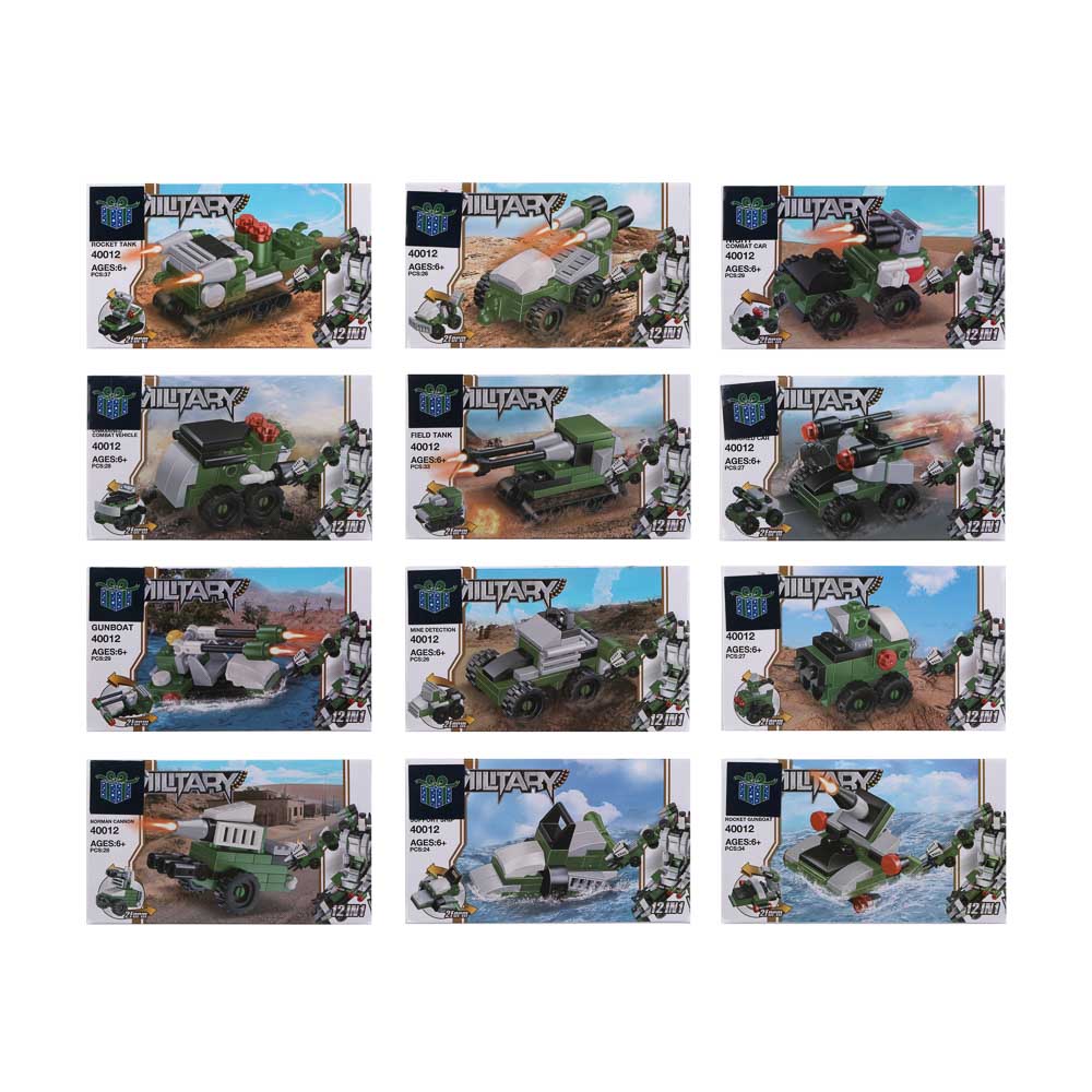 ИГРОЛЕНД Конструктор "Военная техника" 12 в 1, 13х3х7,5 см, ABS, 12 видов, арт.№ 265-668
