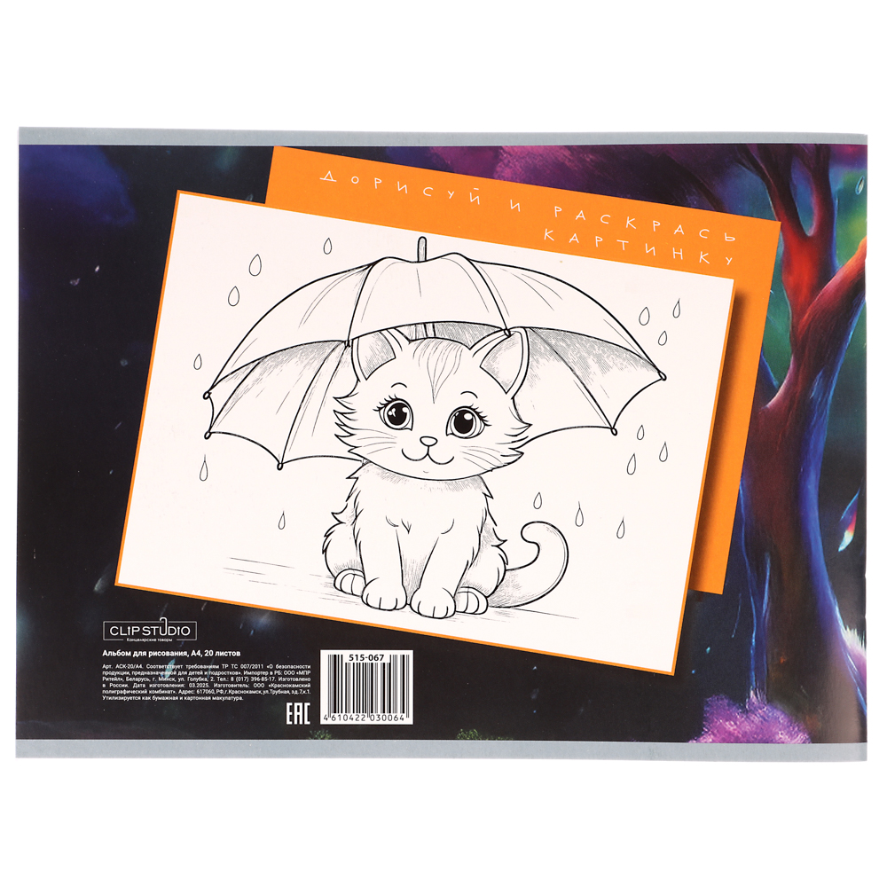 Альбом для рисования ClipStudio A4 20л., офсет 90г/м2, обл. картон, скрепка, 4 дизайна, арт.№ 515-067