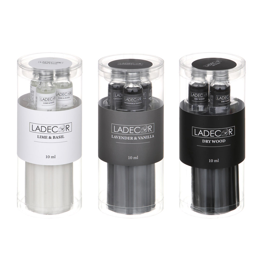 LADECOR Ароманабор лампа и масло, 3штx10мл, с ароматами, (Lavender&vanilla/Lime&basil/Dry wood), арт.№ 471-014