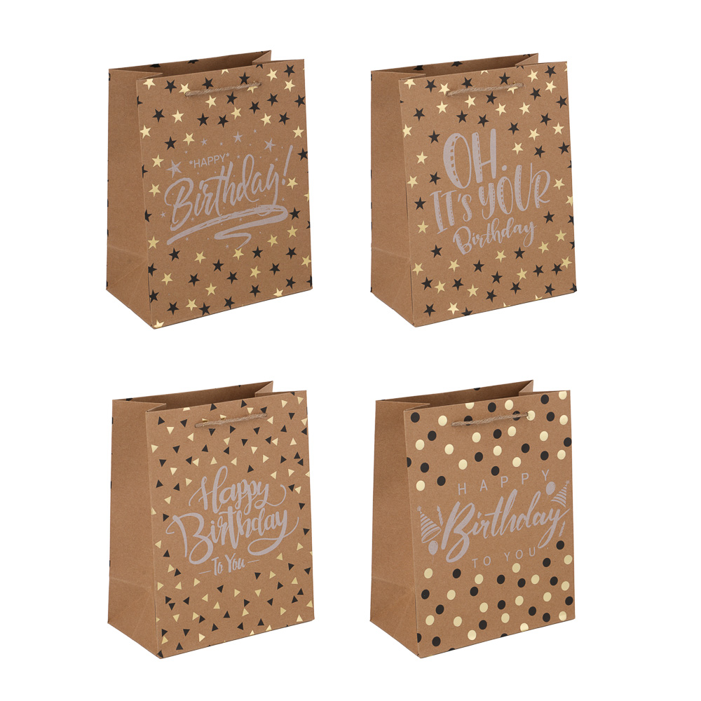 LADECOR Пакет подарочный, бумажный, крафт с фольг.слоем, М 18x23x10 см, 4 дизайна, С Днем Рождения, арт.№ 507-218
