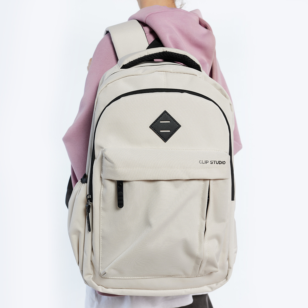 Рюкзак подростковый 44х28х17 см, 2 отделения, 4 кармана, ручка, нашивка, фактурный полиэстер, отделка искусственной кожей, бежевый, арт.№ 576-080