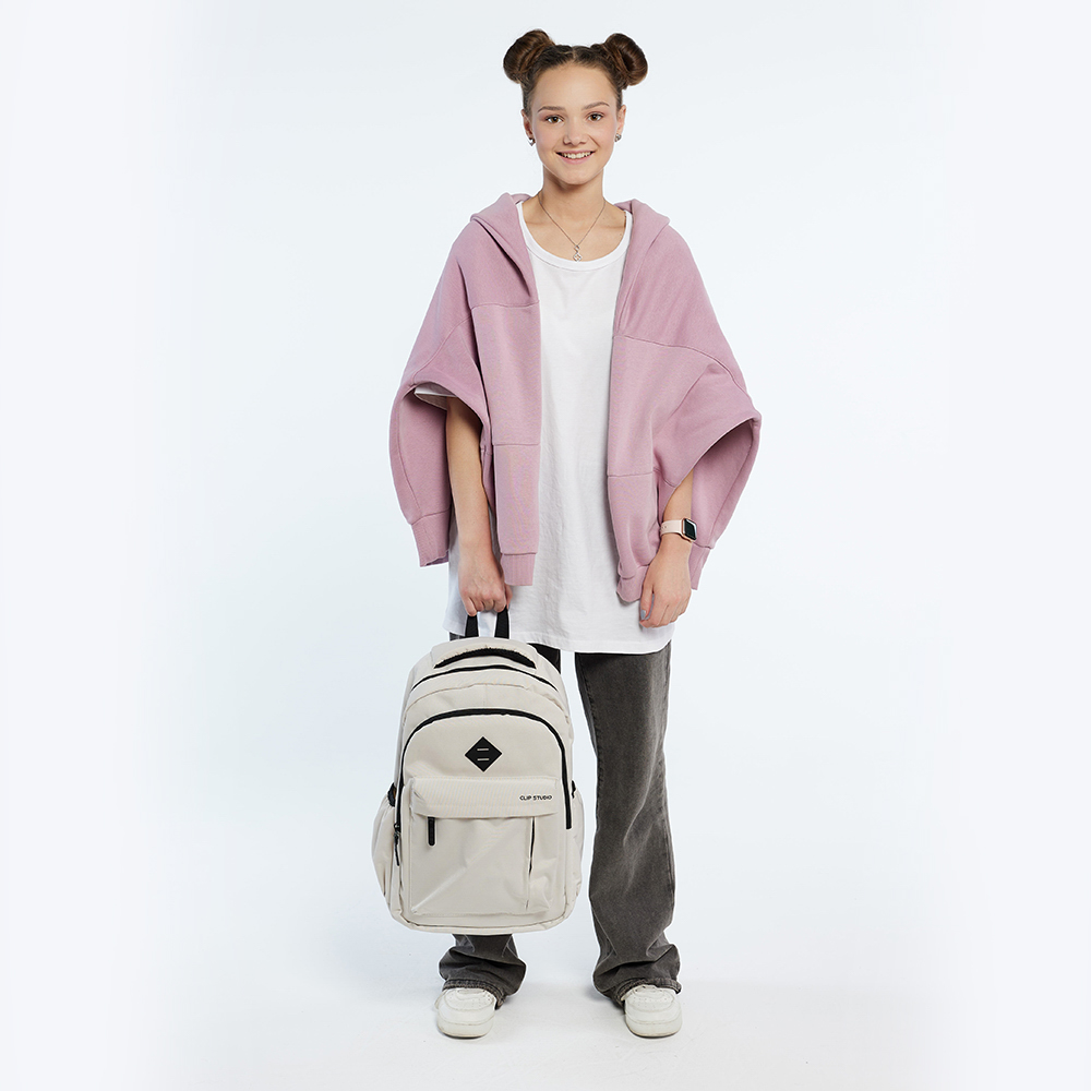 Рюкзак подростковый 44х28х17 см, 2 отделения, 4 кармана, ручка, нашивка, фактурный полиэстер, отделка искусственной кожей, бежевый, арт.№ 576-080