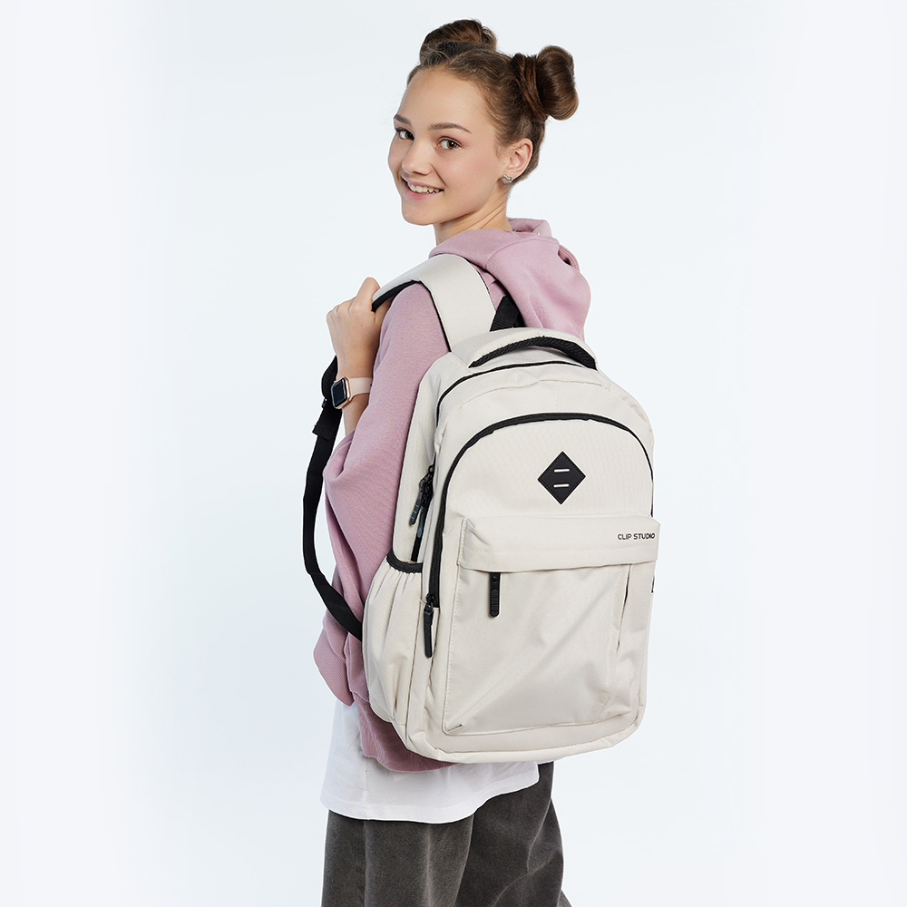 Рюкзак подростковый 44х28х17 см, 2 отделения, 4 кармана, ручка, нашивка, фактурный полиэстер, отделка искусственной кожей, бежевый, арт.№ 576-080