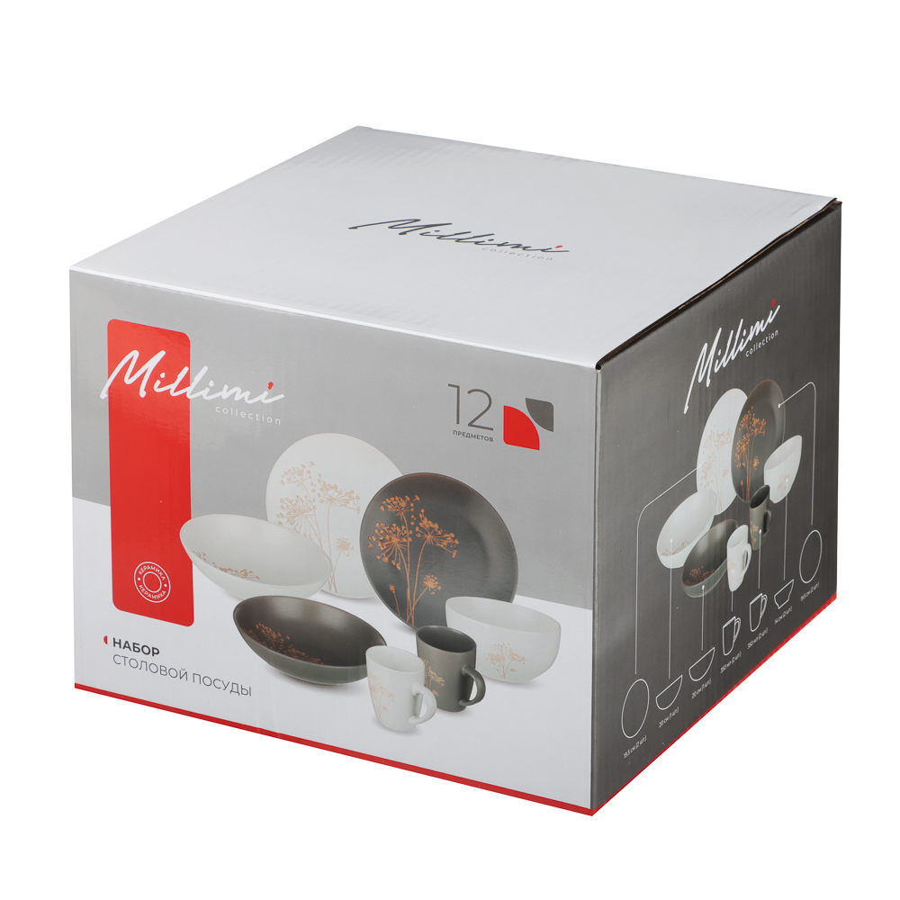 Набор посуды 12 пр. тм MILLIMI (тар19,5см*4, 20см*2, салатн14см*2, кружка340мл*4) керамика,сер.,бел., арт.№ 824-271
