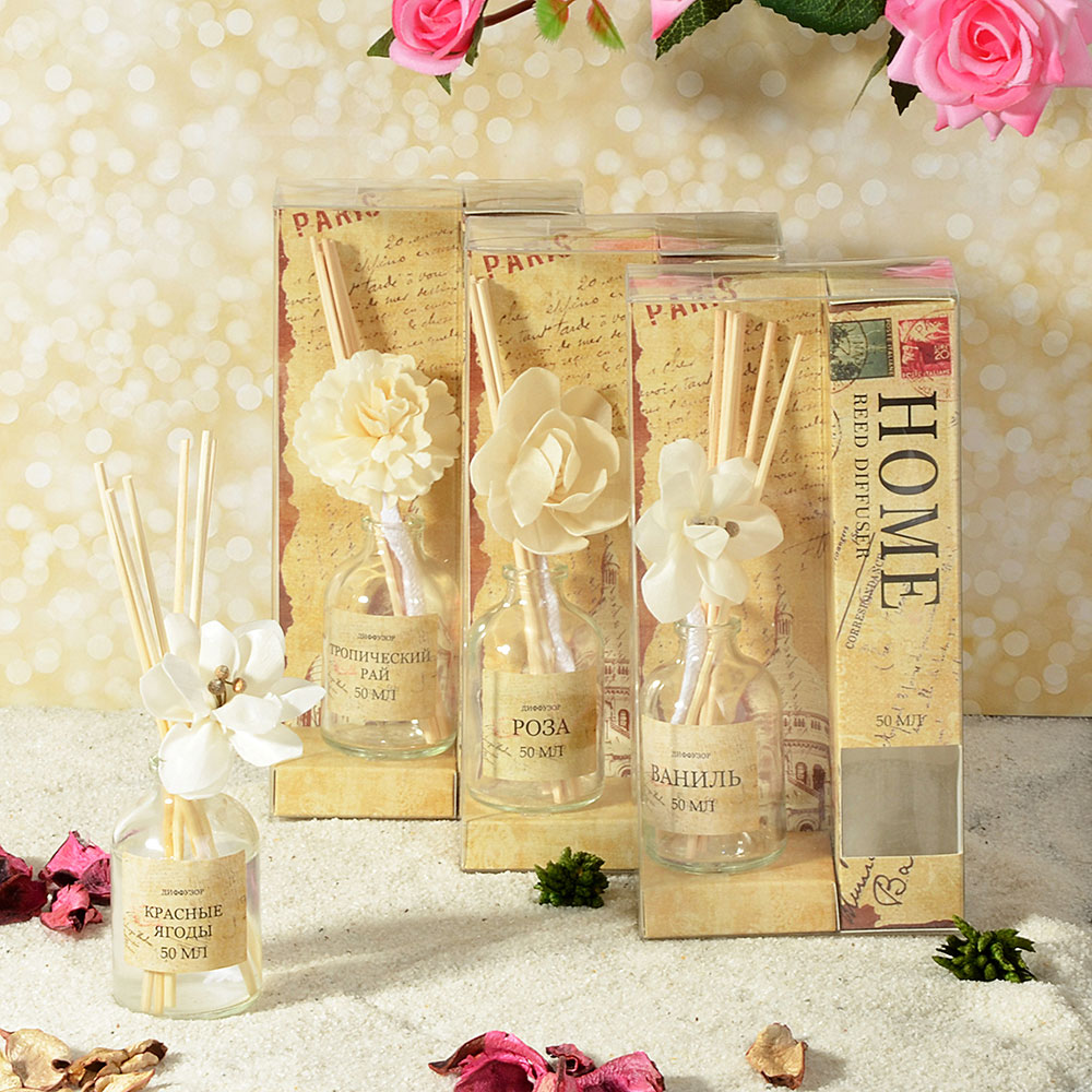 LADECOR Аромадиффузор с палочками и декором "HOME", 50 мл, 4 аромата, арт.№ 412-032