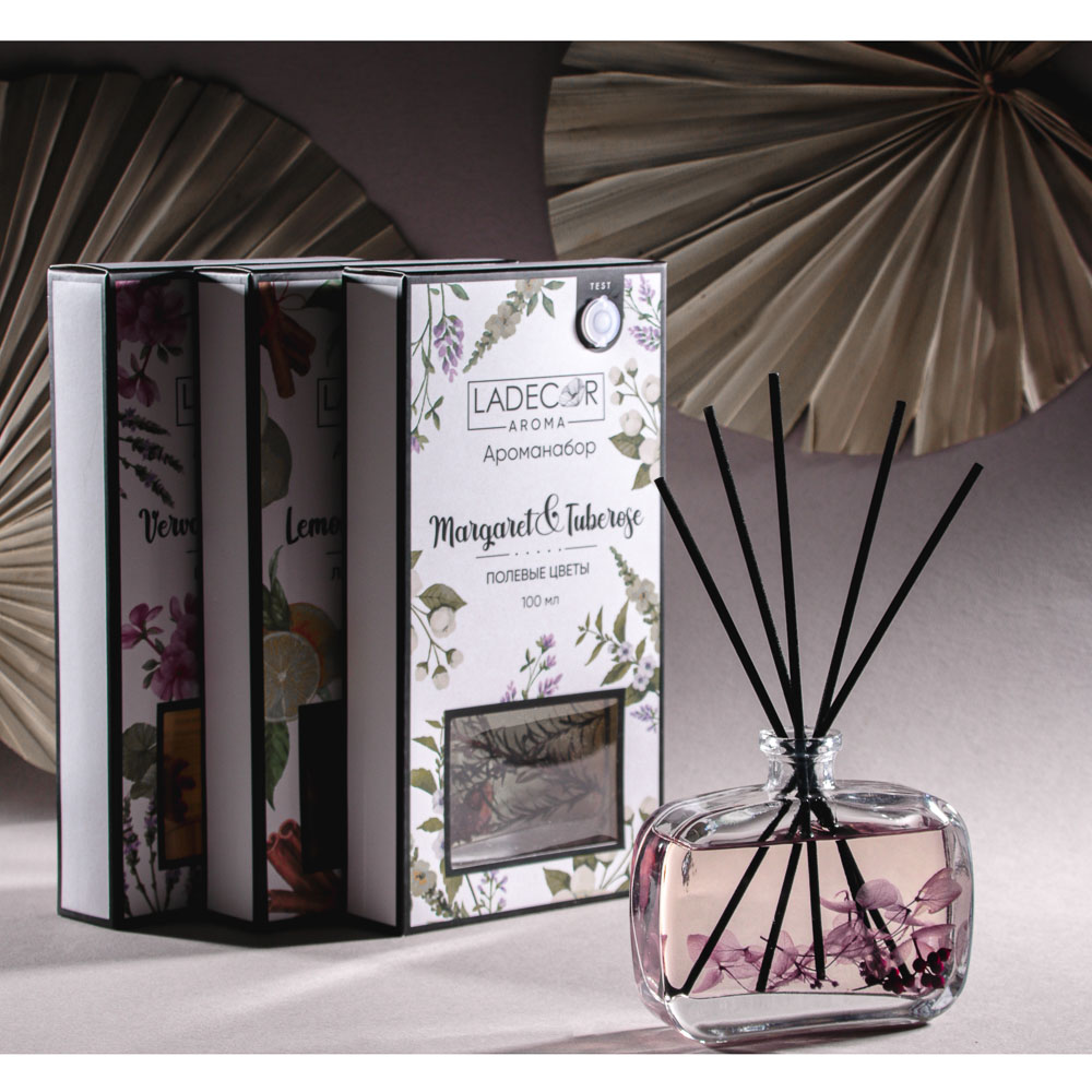 LADECOR Аромадиффузор с палочками и декором,  с тестером, 100мл, 4 аромата, арт.№ 412-065