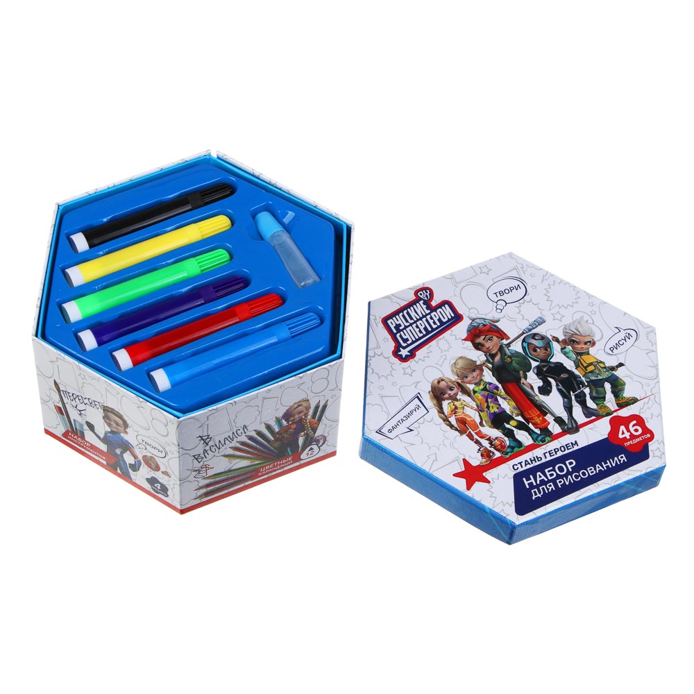 BY Набор для рисования 46 пр., "Русские Супергерои", картон, пластик, дер., 16,5х18,5х9см, арт.№ 284-007