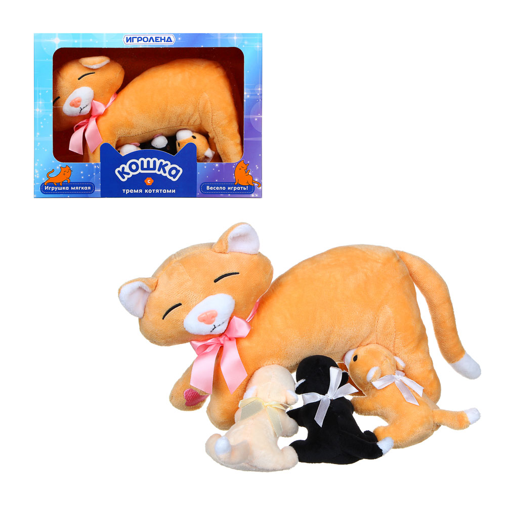 ИГРОЛЕНД Игрушка мягкая Кошка с тремя котятами, полиэстер, 36х20х15см, арт.№ 264-270