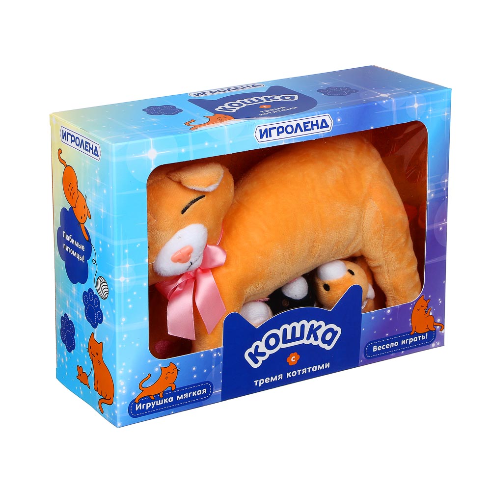 ИГРОЛЕНД Игрушка мягкая Кошка с тремя котятами, полиэстер, 36х20х15см, арт.№ 264-270