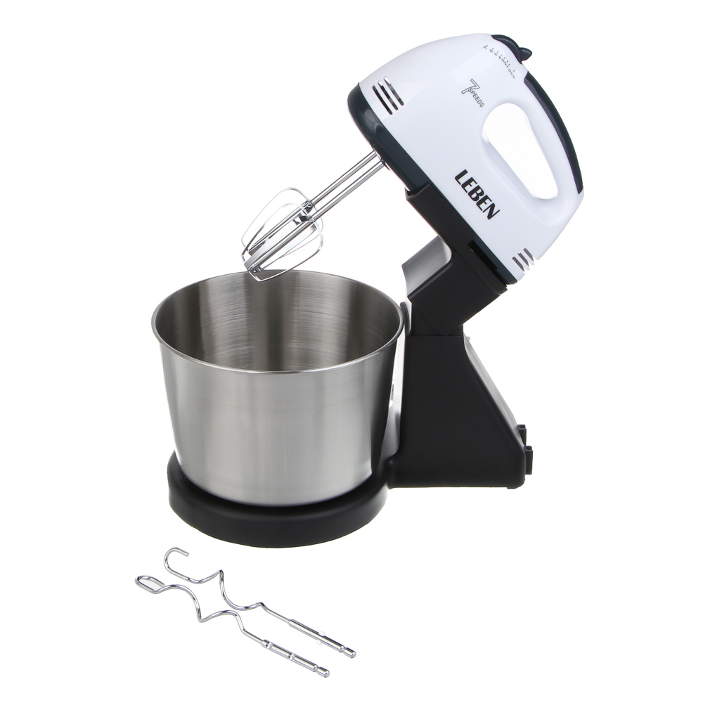 LEBEN Миксер кухонный 350Вт, 7 скоростей, 4 насадки, металлическая чаша 2л, арт.№ 269-068