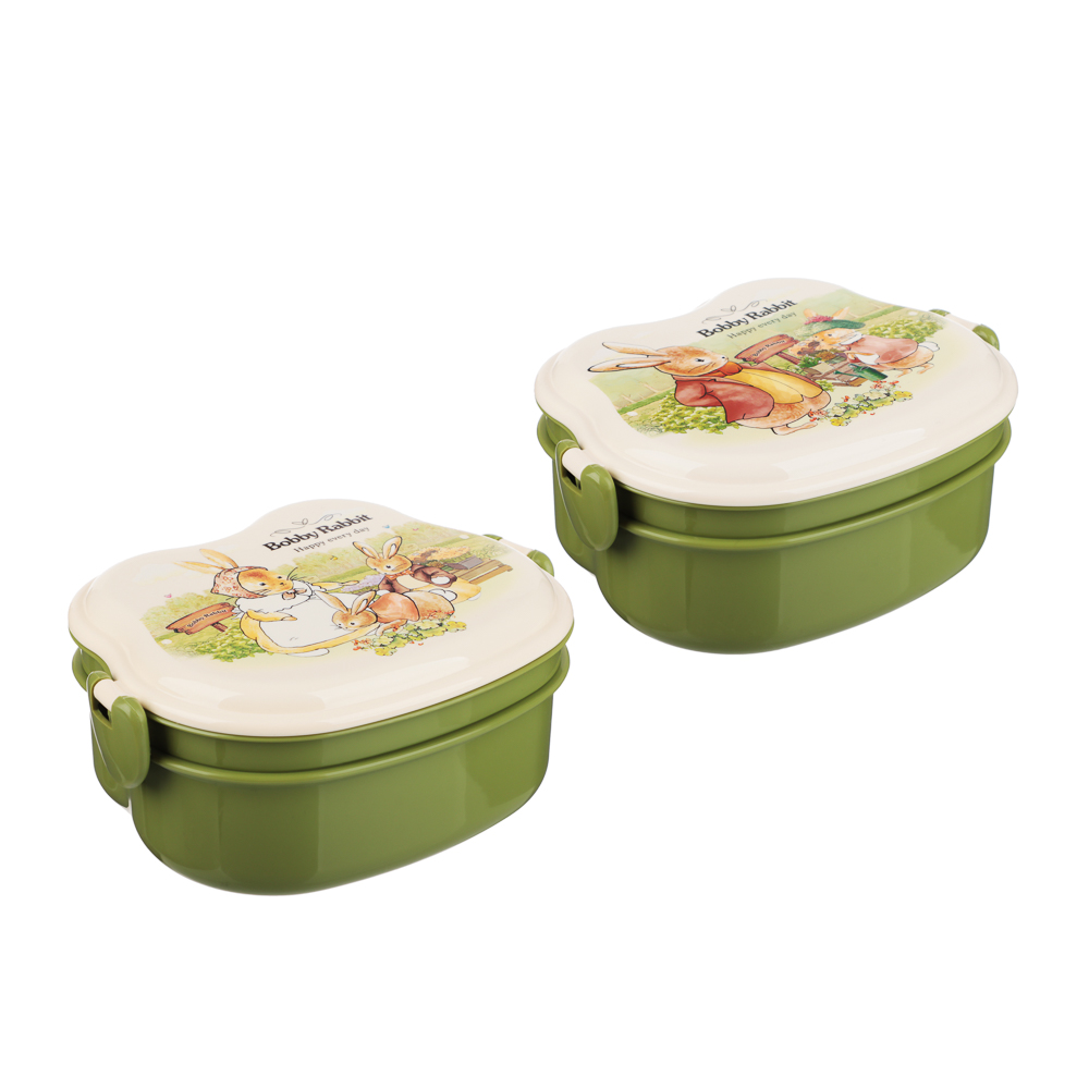 Ланчбокс квадратный "Зайчата", тарелка, ложка-вилка, 16,5х12см, полипропилен, арт.№ 829-143