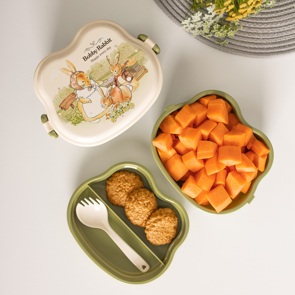 Ланчбокс квадратный "Зайчата", тарелка, ложка-вилка, 16,5х12см, полипропилен, арт.№ 829-143