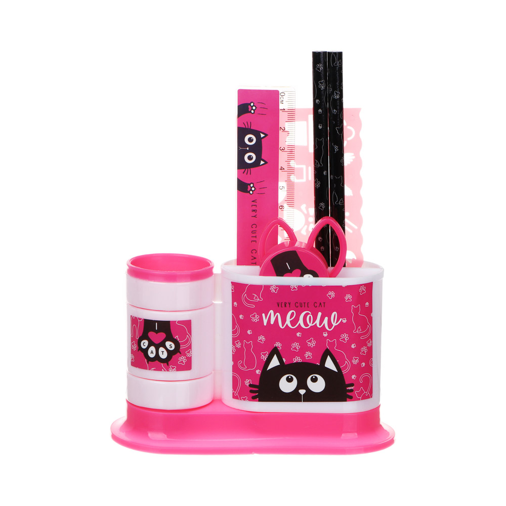 МИЛЫЙ КОТИК Органайзер канц. 4 отд., 7 пр.:(ножн., 2 кар., точилка, трафарет, линейка, подст.), пл., арт.№ 234-050