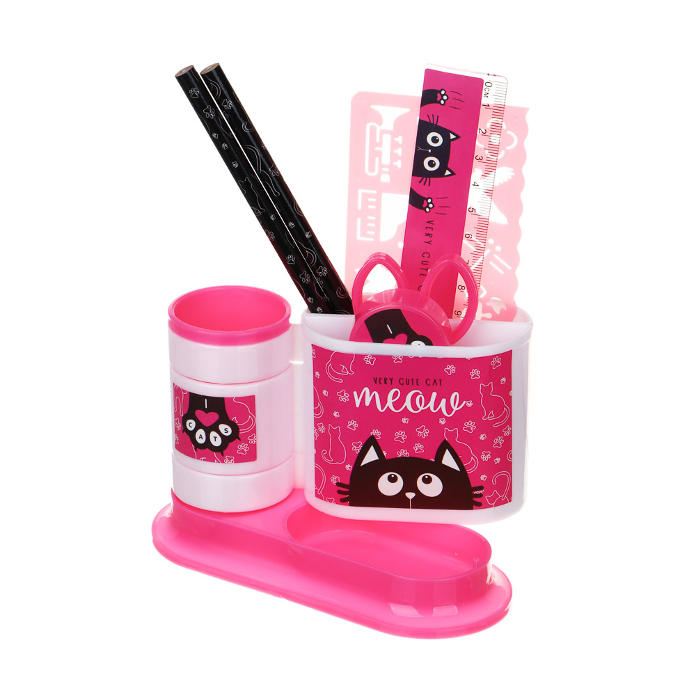 МИЛЫЙ КОТИК Органайзер канц. 4 отд., 7 пр.:(ножн., 2 кар., точилка, трафарет, линейка, подст.), пл., арт.№ 234-050