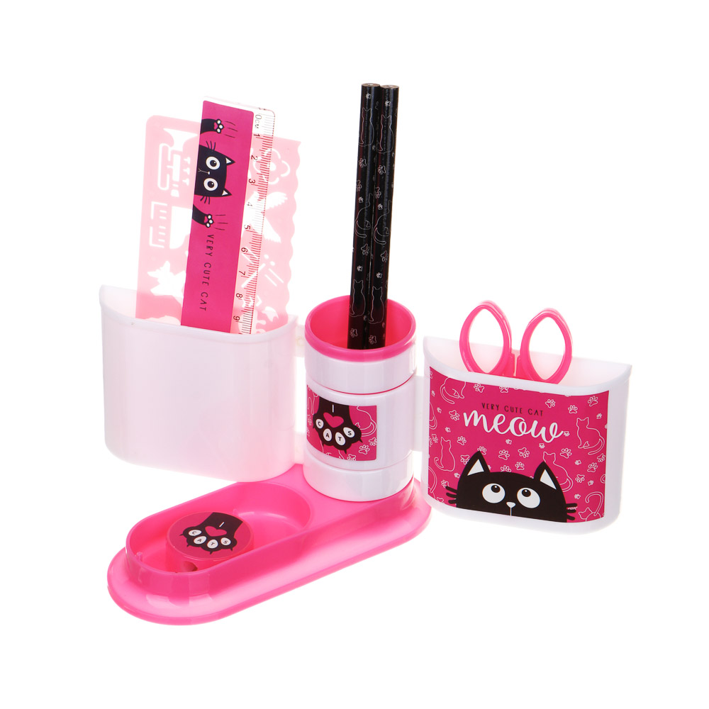 МИЛЫЙ КОТИК Органайзер канц. 4 отд., 7 пр.:(ножн., 2 кар., точилка, трафарет, линейка, подст.), пл., арт.№ 234-050