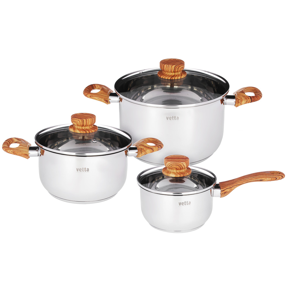 VETTA Боньер Набор кастрюль 6 пр.: ковш 1,7л, кастрюли 3,4л, 6,2л, со стекл. крышкой, арт.№ 822-204