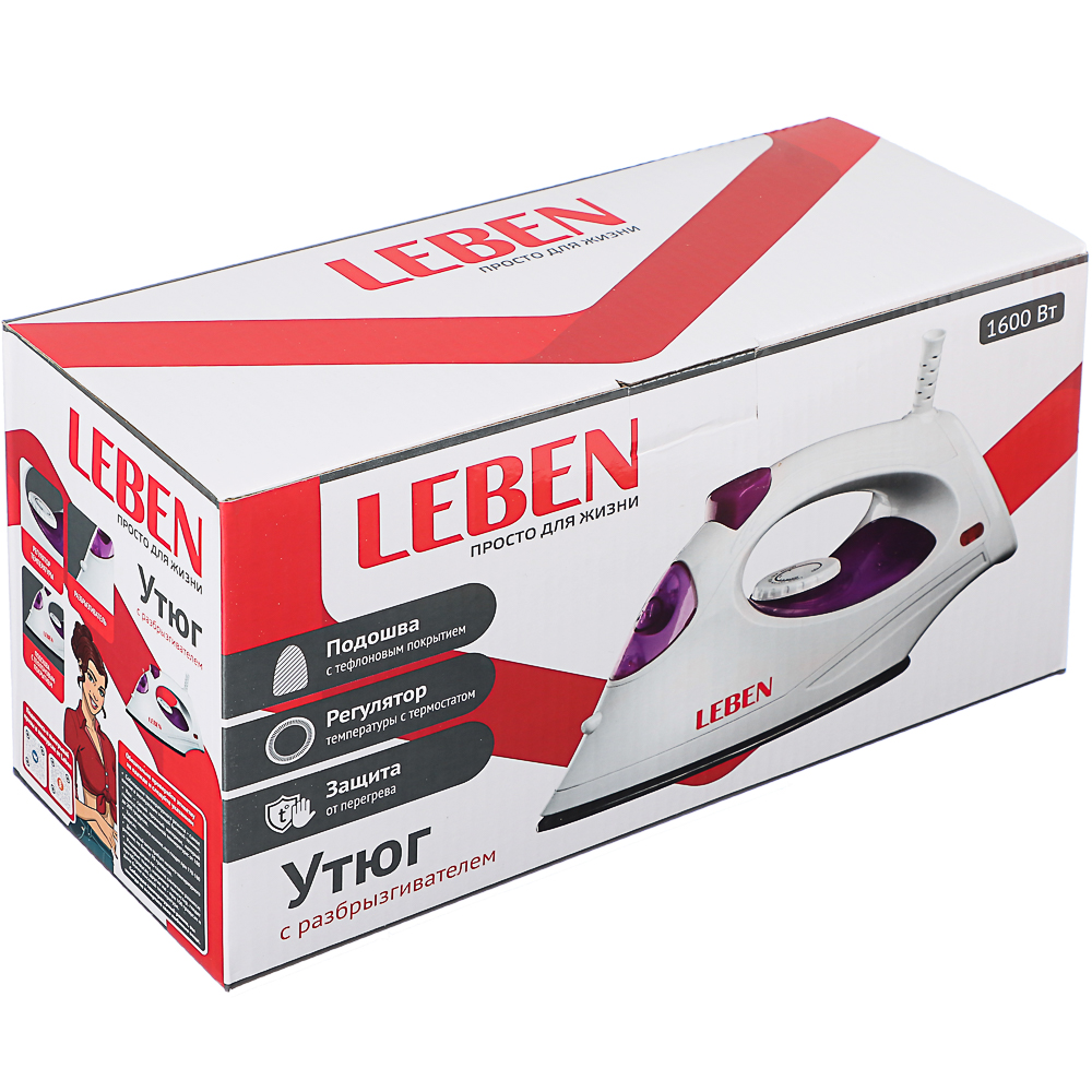 LEBEN Утюг с разбрызгивателем 1600Вт подошва тефлон, арт.№ 249-002