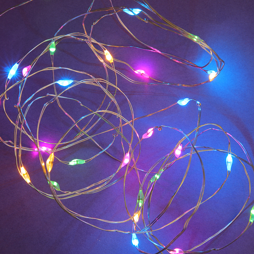 Гирлянда нить росы 3 м СНОУ БУМ, 30 LED ламп, постоянное свечение мульти, проволока серебряный цвет, 2xCR2032, арт.№ 384-336