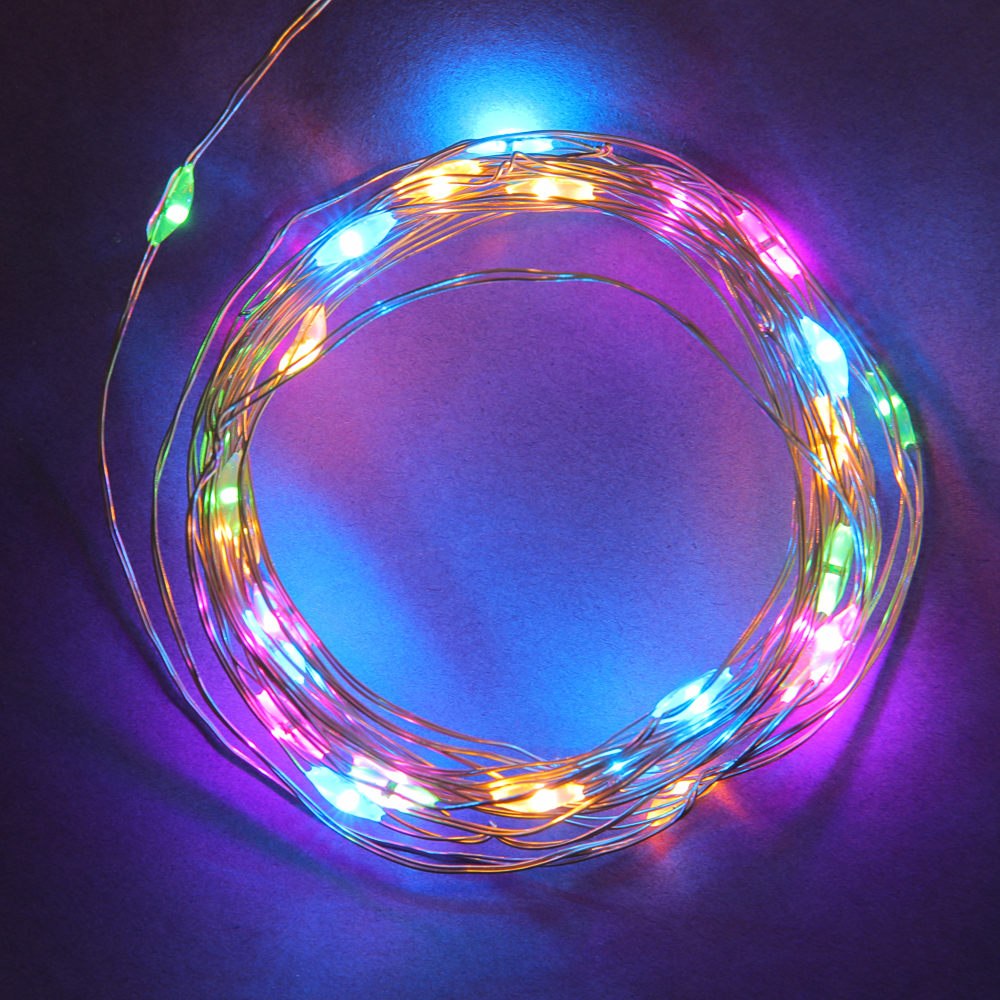 Гирлянда нить росы 3 м СНОУ БУМ, 30 LED ламп, постоянное свечение мульти, проволока серебряный цвет, 2xCR2032, арт.№ 384-336