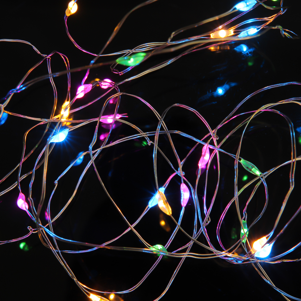 Гирлянда нить росы 3 м СНОУ БУМ, 30 LED ламп, постоянное свечение мульти, проволока серебряный цвет, 2xCR2032, арт.№ 384-336