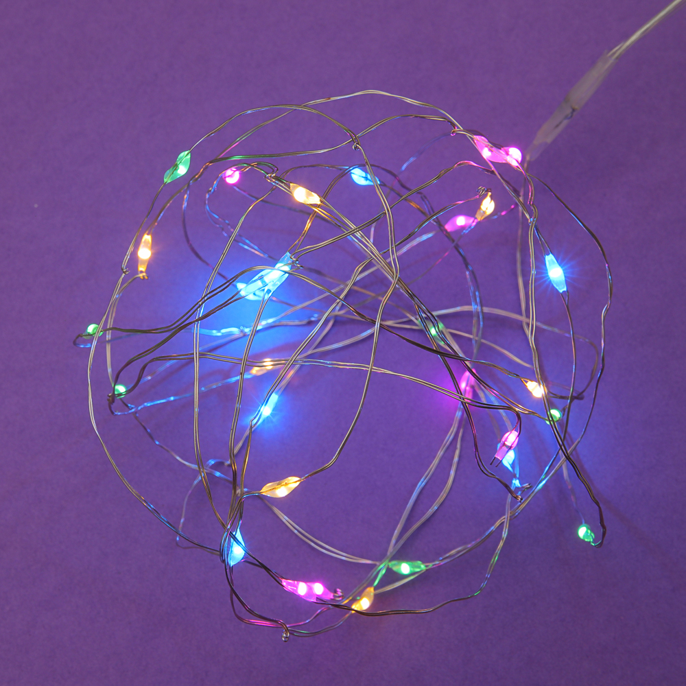 Гирлянда нить росы 3 м СНОУ БУМ, 30 LED ламп, постоянное свечение мульти, проволока серебряный цвет, 2xCR2032, арт.№ 384-336