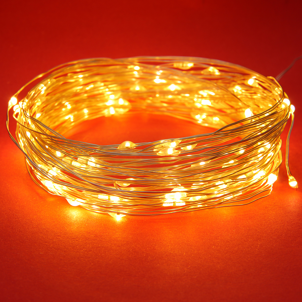 Гирлянда нить росы 10 м СНОУ БУМ, 100 LED ламп, свечение шампань, 8 режимов, проволока серебряный цвет, 3хАА, арт.№ 384-338