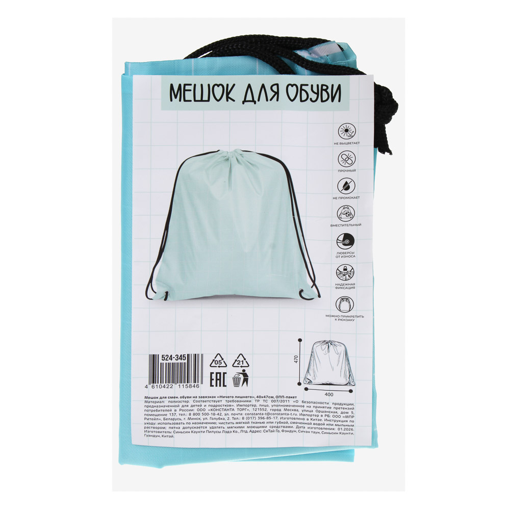 Мешок для сменной обуви на завязках, 40х47см, "Ничего лишнего", полиэстер, ОПП пакет, 2 диз., арт.№ 524-345
