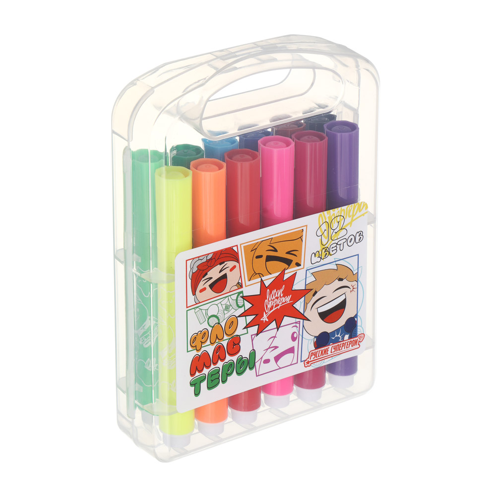 Фломастеры 12цв. BY Русские Супергерои "Каваи", утолщенные, 10,4см., в пласт. боксе с ручкой, арт.№ 801-083